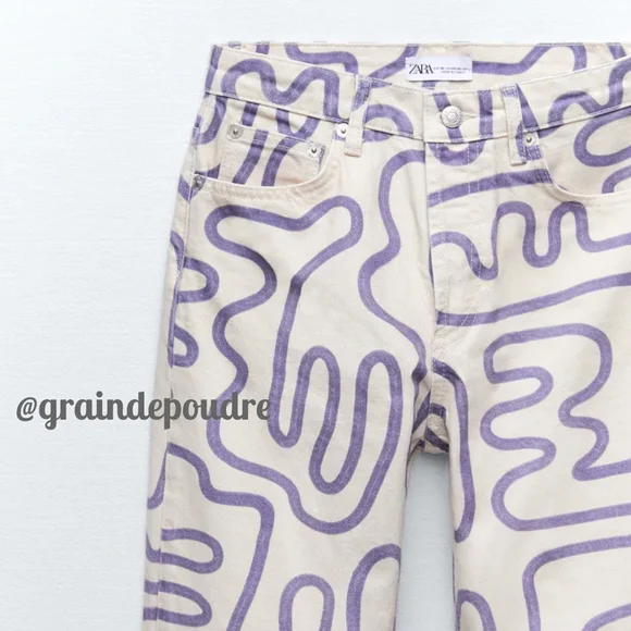 Rare Zara Purple Squiggle Graffiti Print Off White Straight Leg Jeans 36 4 42 10 - Picture 4 of 6
